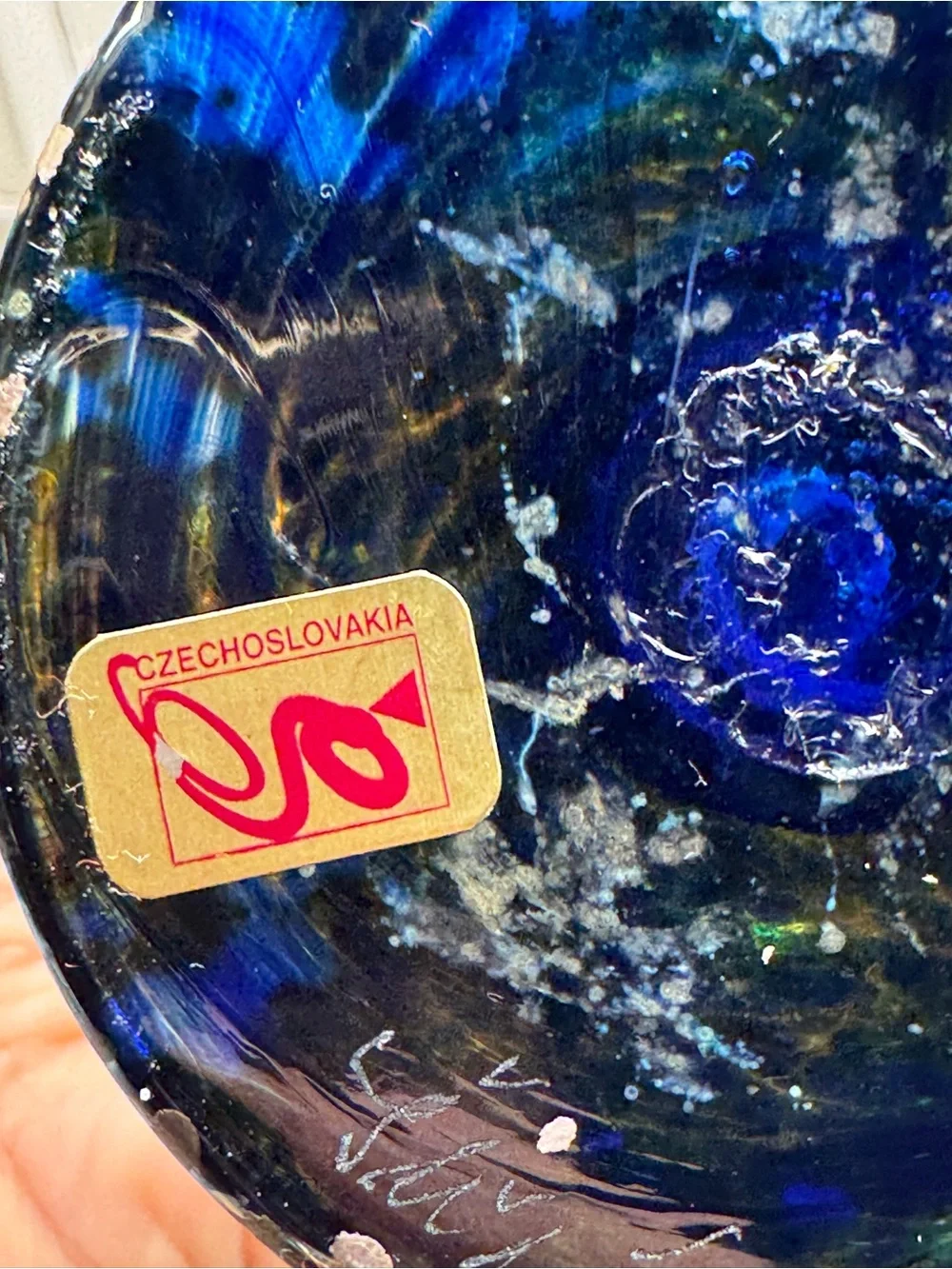 Signed Princ Art Glass Czechoslovakia Chalice Goblet Cobalt Pulled Feather
